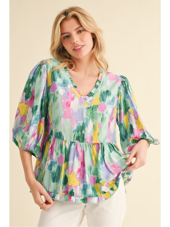 JODIFL Tops - JODIFL Multicolor V-Neck Peplum Blouse - Green Pink Yellow Blue
